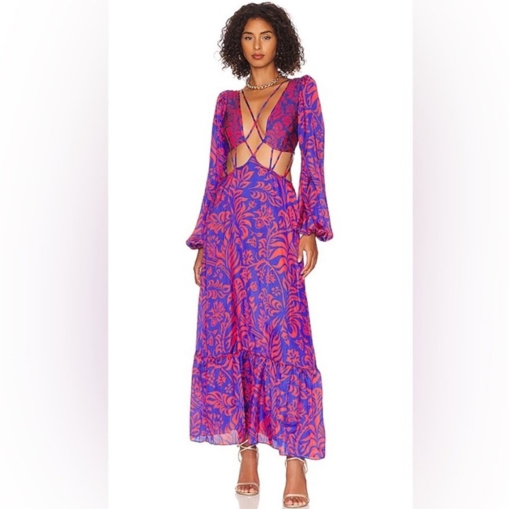 PatBO Purple and Pink Floral Maxi Dress with Cutouts